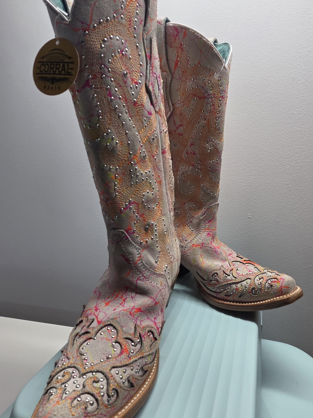 Corral Pink Multicolor Embellished Western Heeled Boots - Picture 4 of 9